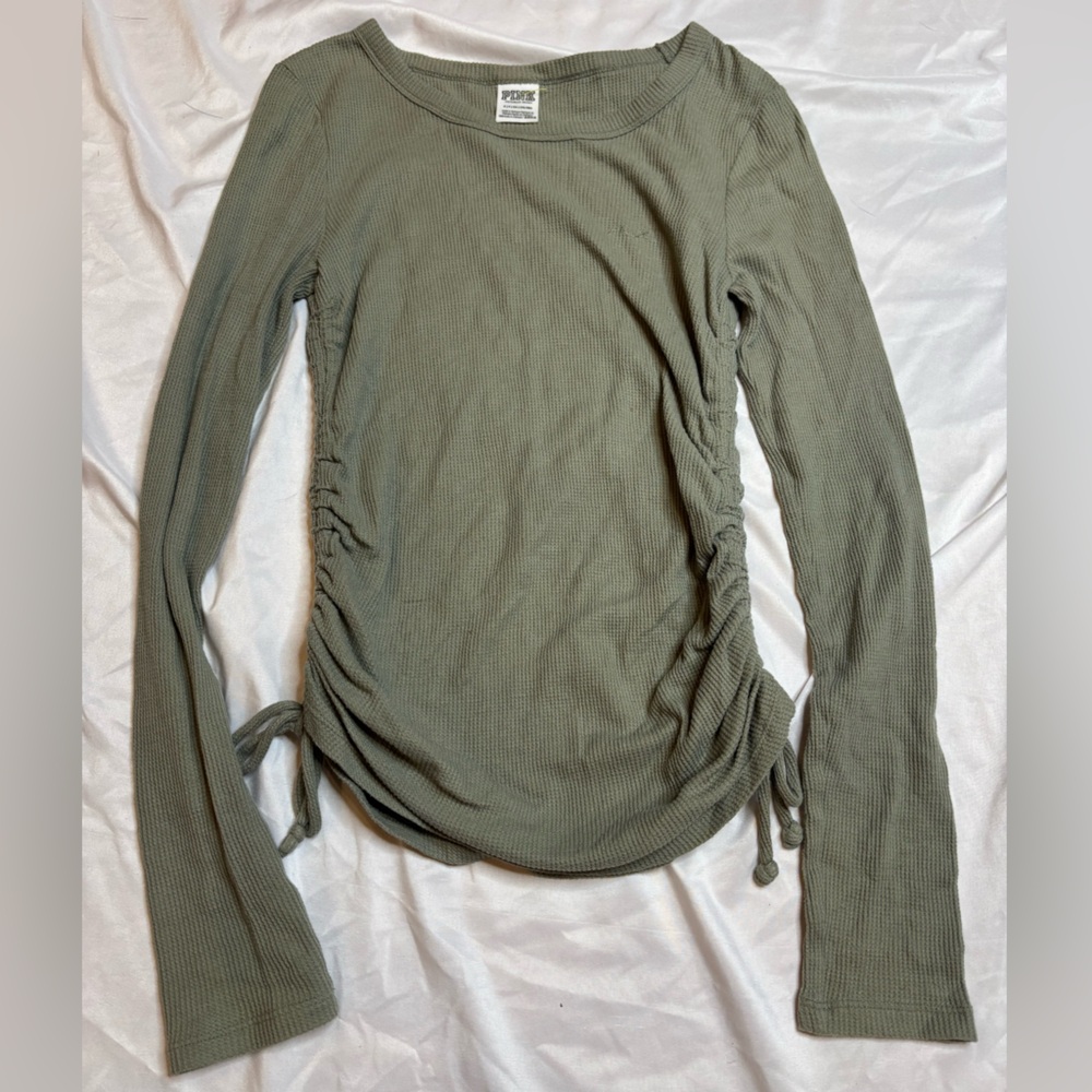 PINK Victoria's Secret Olive Green Ribbed Long-Sleeve Side Tie Top